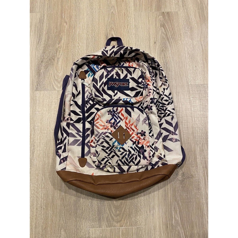 Vintage Jansport Brown Bottom Backpack Geo Superbreak White Pink Purple Leather
